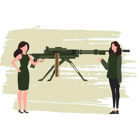 Two Woman Talking About Machine Guns  Illustration