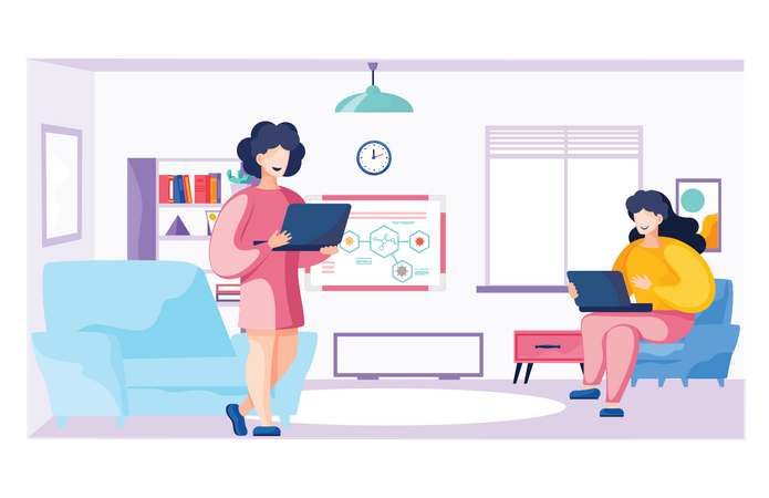 Two woman working together at home Illustration