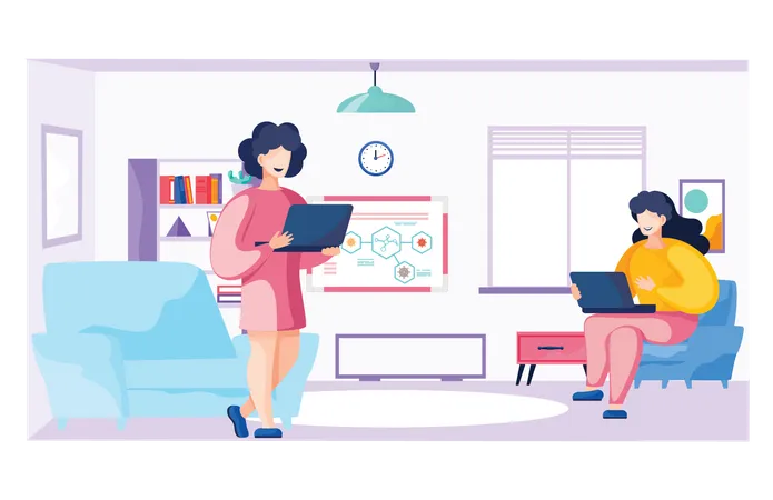Two woman working together at home  Illustration