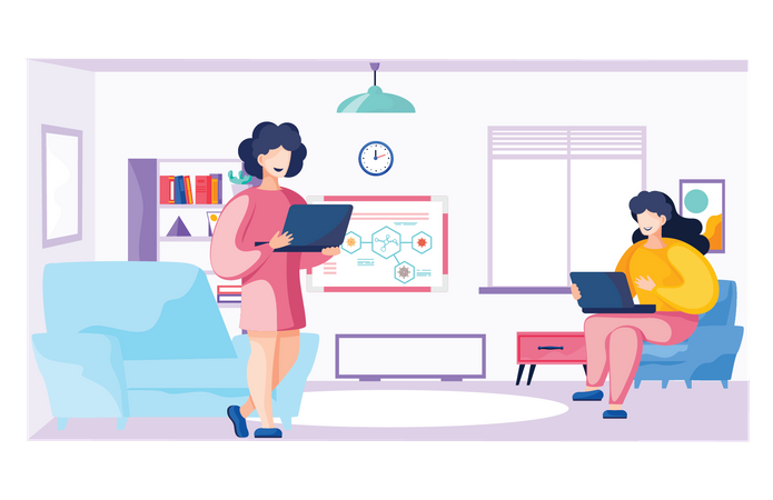 Two woman working together at home  Illustration