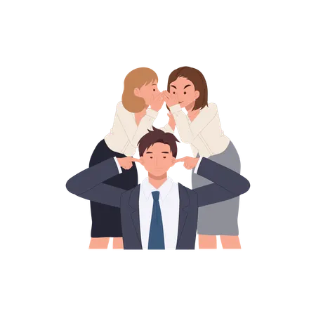Two women and man covering ears portraying coworker conflict  Illustration