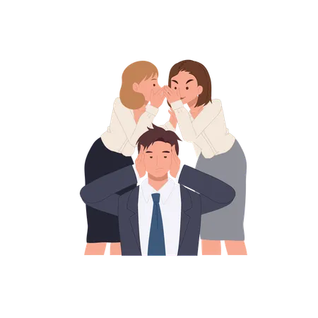 Two women and man covering ears portraying coworker conflict  Illustration