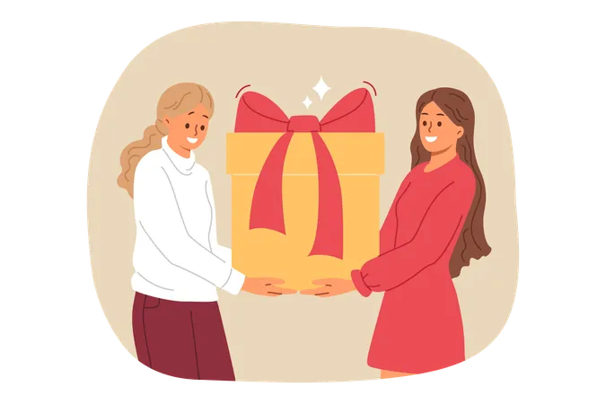 Two Women Are Holding Large Gift Box With Red Bow Rushing To Congratulate Hero Of Day On Birthday Cheerful Friends Have Prepared Gift For Winner Of Repost Contest On Social Networks Illustration