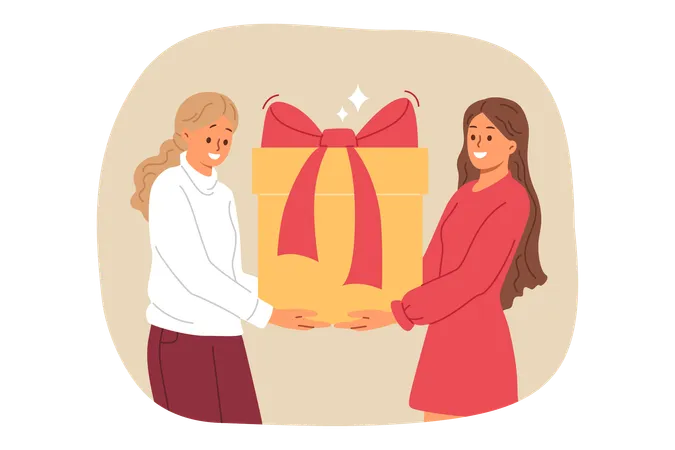 Two women are holding large gift box with red bow rushing to congratulate hero of day on birthday  Illustration