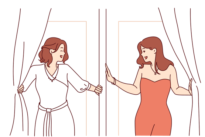 Two women are trying new clothes in fitting room  Illustration
