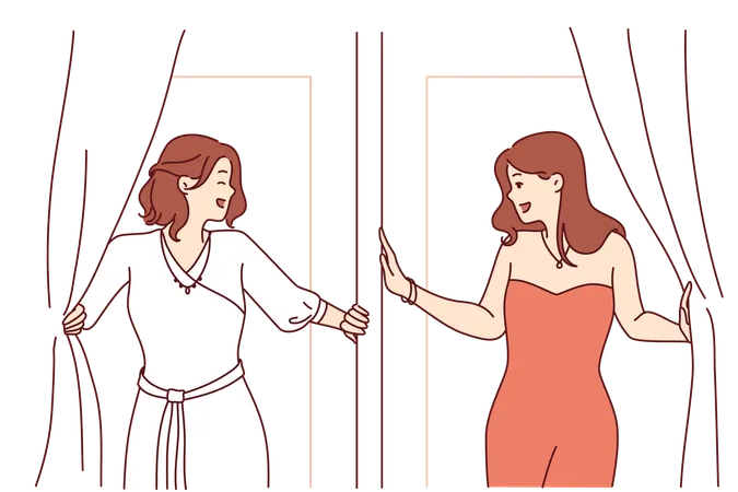 Two women are trying new clothes in fitting room  Illustration