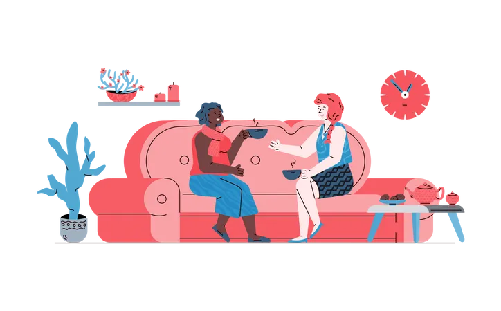 Two women communicating sitting on sofa in friendly and comfy environment  Illustration