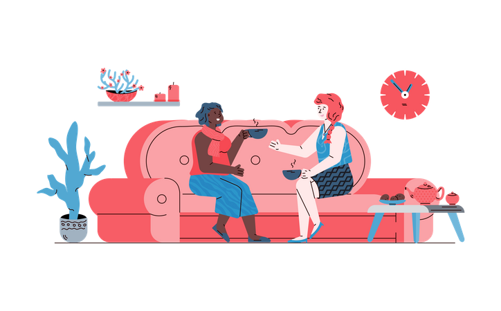 Two women communicating sitting on sofa in friendly and comfy environment  일러스트레이션