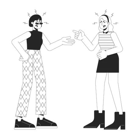 Two Women Confrontation Black And White Cartoon Flat Illustration Girlfriends Aggressive 2 D Lineart Characters Isolated Emotional Expressing Body Language Monochrome Scene Vector Outline Image Illustration
