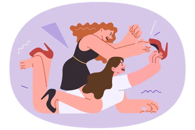 Two women fight over shoes in store  Illustration