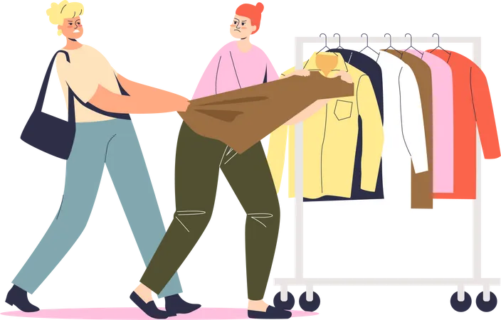 Two Women Fighting On Shopping For Best Clothes Female Quarrelling In Retail Store For Sale And Discount Clothing Girl Conflict Concept Cartoon Flat Vector Illustration Illustration
