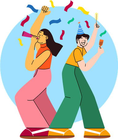 Two women joyfully walking and celebrating with party blowers and drinks  Illustration