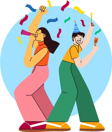 Two women joyfully walking and celebrating with party blowers and drinks  Illustration