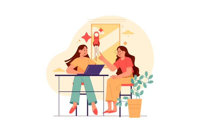 Two women launching successful business start-up Illustration