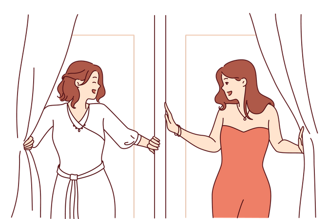 Two women leave changing room in elegant evening dresses for gala dinner  Illustration