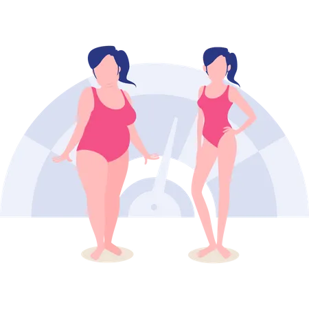 Two women measure their weights  Illustration