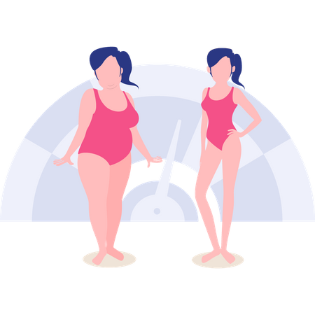 Two women measure their weights  Illustration