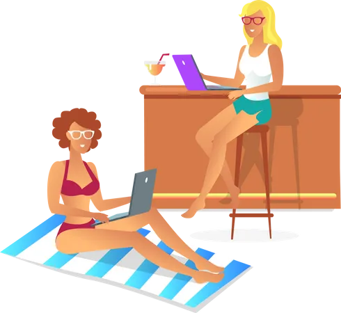Two Women On Resort Color Vector Illustration With Lying On Striped Towel Girl And Sitting By Wooden Table Woman Busy Businesswomen White Backdrop Illustration
