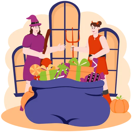 Two Women Preparing Halloween Party Gifts  Illustration