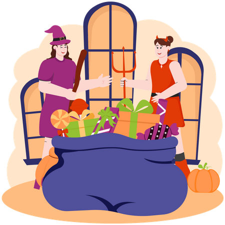 Two Women Preparing Halloween Party Gifts  Illustration