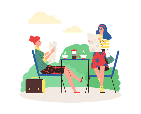 Two women reading news in daily newspapers over cup of coffee.  Illustration