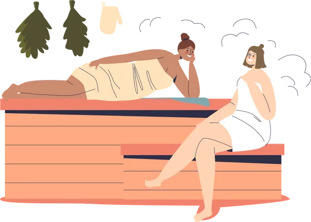 Two women relax in sauna or banya wearing towels and lying on wooden benches enjoy hot water stream  Illustration