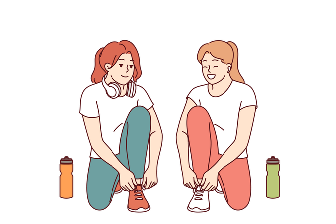 Two women runners prepare for training tying shoelaces and discussing details of marathon  Illustration
