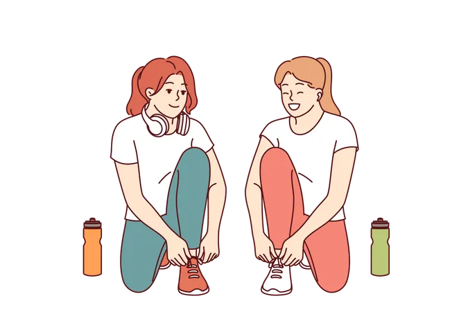 Two women runners prepare for training tying shoelaces and discussing details of marathon  イラスト