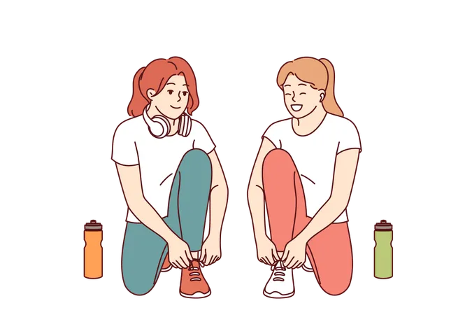 Two women runners prepare for training tying shoelaces and discussing details of marathon  Illustration