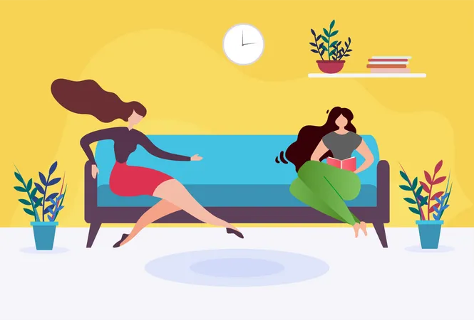 Two Women sitting in Waiting Room Illustration
