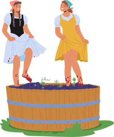 Two Women Stomp Grapes In Wooden Barrel  Illustration