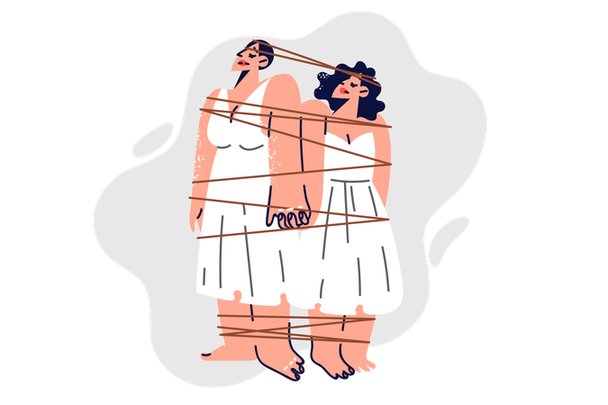 Two women tied with rope demonstrate psychological dependence  Illustration