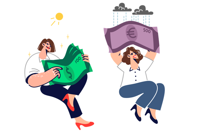 Two women with dollars and euros in hands exchange cash into currencies and get different results  Illustration