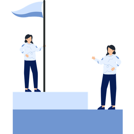Two Women with Flag on Podium Success  Illustration