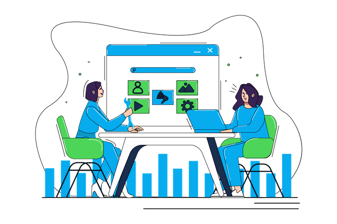 Two women working on market analysis  Illustration