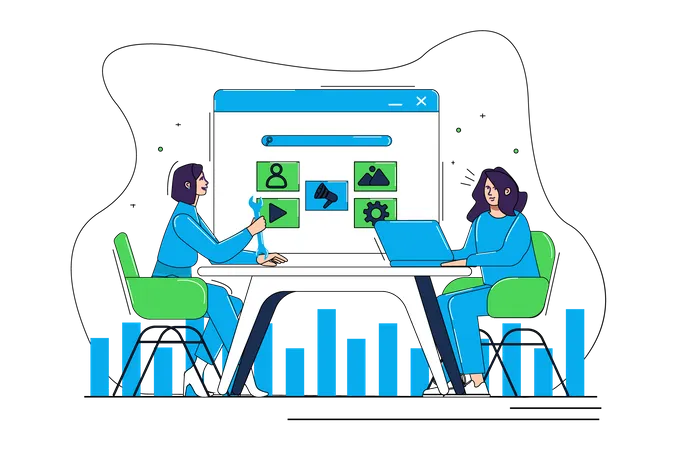 Two women working on market analysis  Illustration