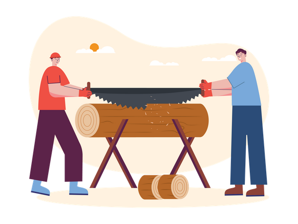 Two worker cutting wooden with big hand saw Illustration