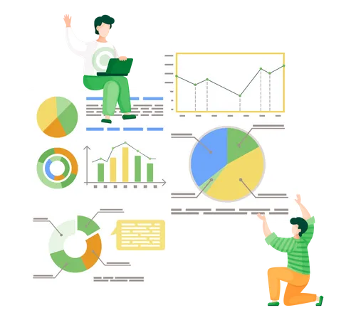 Two Workers Analysing Statistic Financial Analytics Strategy Partners Working With Graphs Diagrams Schedules Information Man With Laptop Waving Hand Sitting At White Board Infographic Charts Illustration