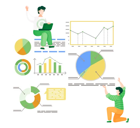 Two workers, analysing statistic at white boards, charts, diagrams, graphics, pie charts, data  Illustration