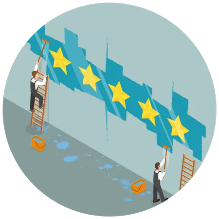 Five Star Rating Flat Isometric Vector Concept Two Workers Are Cleaning A Glass Wall And From Under The Dust Layer Is Appearing The Yellow File Stars Illustration