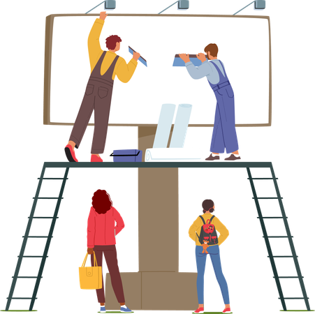 Two Workers Characters Installing Outdoor Billboard Advertisement  Illustration