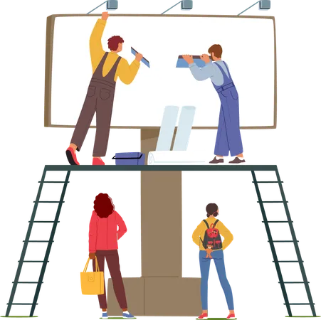 Two Workers Characters Installing Outdoor Billboard Advertisement  Illustration