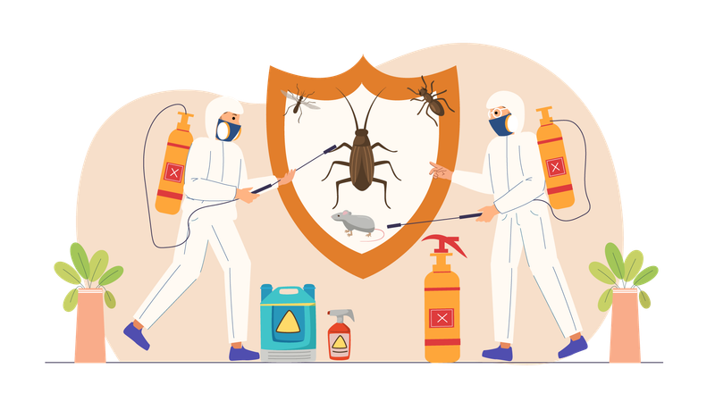 Two workers doing pest control work  Illustration