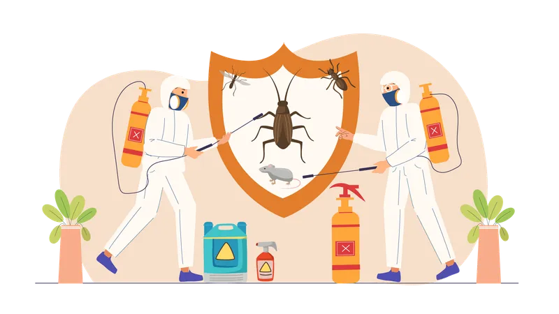 Two workers doing pest control work  Illustration