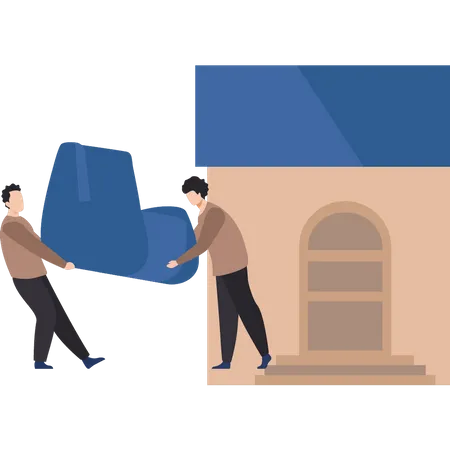 Two workers moving couch  Illustration