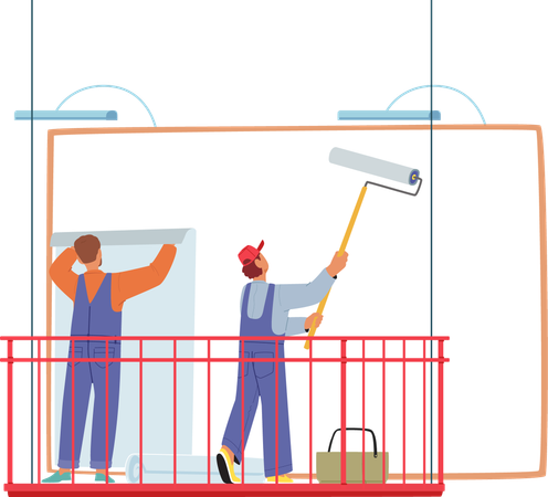 Two Workers Preparing  Outdoor Advertising Billboard  Illustration