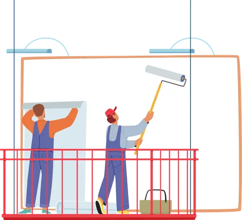 Two Workers Preparing  Outdoor Advertising Billboard  Illustration