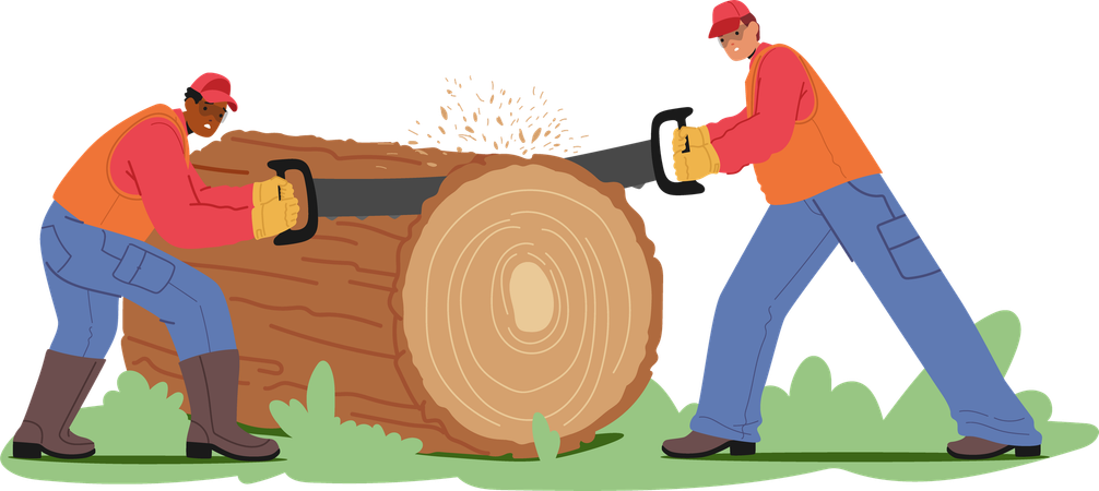 Two Workers Use Large Handsaw To Cut Through Log  Illustration