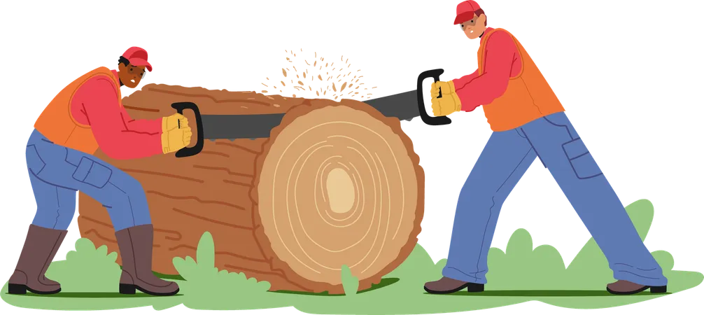 Two Workers Use Large Handsaw To Cut Through Log  Illustration