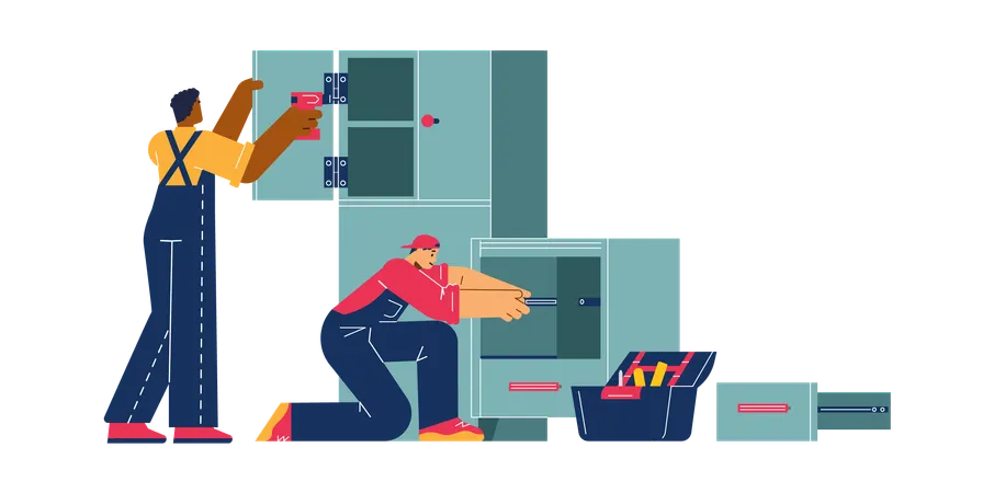 Two workers with screwdriver and turn-screw assembling closet  Illustration